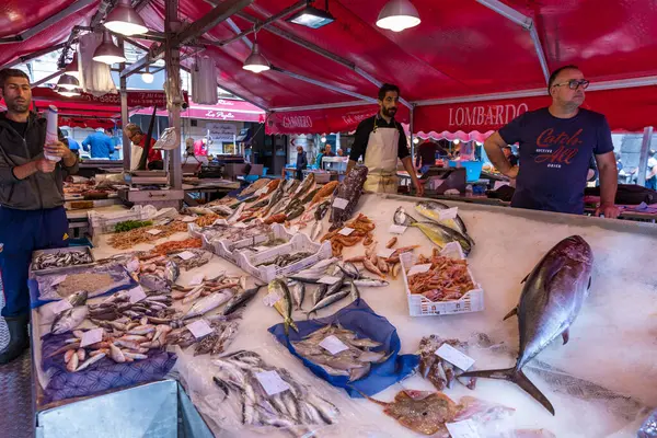 Catania, İtalya - 1 Kasım 2019: Catania, Sicilya, İtalya 'daki balık pazarında deniz ürünleri. İtalya 'nın Sicilya eyaletindeki eski Catania kasabasındaki balık pazarında taze balık.. 