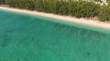 Flic en flac plajlı güzel Mauritius adası. Tropikal palmiye plajı çevresindeki mercan kayalıkları, Flic en Flac, Mauritius. Mauritius, Flic en Flac sahilinde güzel bir sahilin havadan görüntüsü..