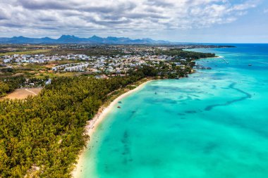 Mauritius beach aerial view of Mont Choisy beach in Grand Baie, Pereybere North. Mont Choisy, public beach in Mauritius island, Africa. Beautiful beach of Mont Choisy in Mauritius, drone aerial view. clipart