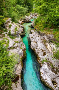 Slovenya Alplerinde Soca Nehri vadisi gibi. Great Soca Gorge (Velika korita Soce), Triglav Ulusal Parkı, Slovenya. Soca Nehri 'nin büyük kanyonu, Bovec, Slovenya. Triglav Ulusal Parkı 'ndaki Soca Vadisi.