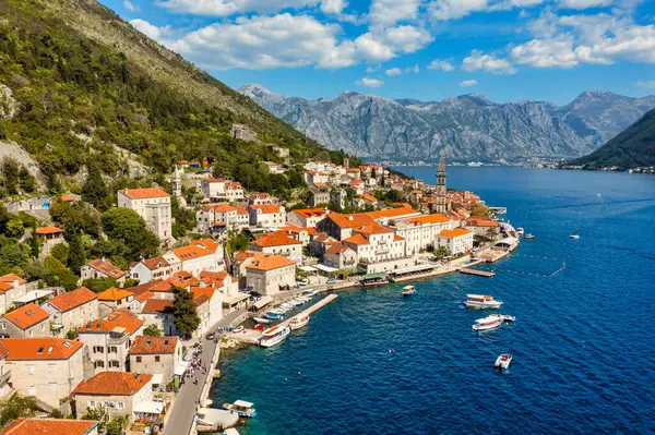 View Historic Town Perast Famous Bay Kotor Beautiful Sunny Day Stock Image