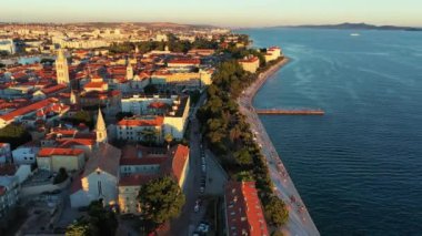 Aerial view of the Old Town of Zadar, Croatia. Aerial shot of Zadar old town, famous tourist attraction in Croatia. City of Zadar historic peninsula roman architecture aerial view, Croatia