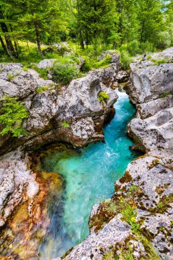 Slovenya Alplerinde Soca Nehri vadisi gibi. Great Soca Gorge (Velika korita Soce), Triglav Ulusal Parkı, Slovenya. Soca Nehri 'nin büyük kanyonu, Bovec, Slovenya. Triglav Ulusal Parkı 'ndaki Soca Vadisi.