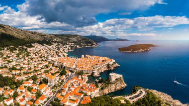 The aerial view of Dubrovnik, a city in southern Croatia fronting the Adriatic Sea, Europe. Old city center of famous town Dubrovnik, Croatia. Dubrovnik historic city of Croatia in Dalmatia.  clipart