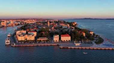 Aerial view of the Old Town of Zadar, Croatia. Aerial shot of Zadar old town, famous tourist attraction in Croatia. City of Zadar historic peninsula roman architecture aerial view, Croatia