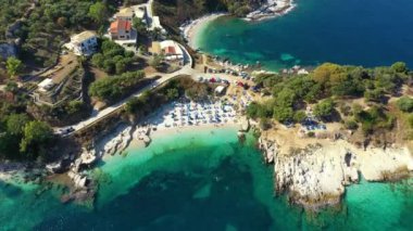 Aerial drone view north east coast with Kanoni, Mpataria and Pipitos beach, Island of Corfu, Greece. Mpataria, Kanoni and Pipitos beach at Corfu Greece during the day. 
