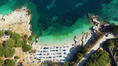 Aerial drone view north east coast with Kanoni, Mpataria and Pipitos beach, Island of Corfu, Greece. Mpataria, Kanoni and Pipitos beach at Corfu Greece during the day. 
