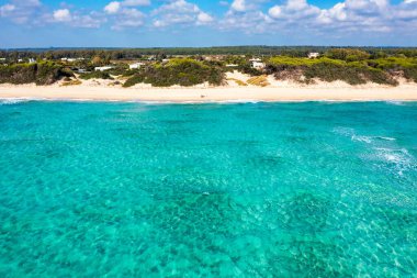 Punta Prosciutto deniz suyu, Punta Prosciutto sahilinde kristal berrak su, İtalyan Maldivleri Puglia İtalya. Punta Prosciutto, İtalya 'nın en güzel plajlarından biri..