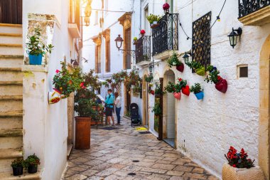Locorotondo, Bari Eyaleti, Apulia (Puglia), İtalya 'da manzara. İtalya, Puglia 'da Locorotondo' da karakteristik sokaklar. Locorotondo, İtalya 'nın Apulia eyaletinde yer alan bir şehirdir..