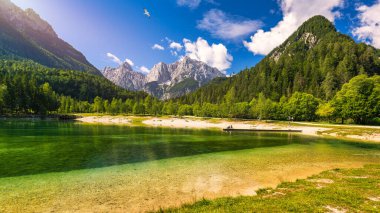 Slovenya Alpleri 'nin harika doğa manzarası. Jasna Gölü 'ndeki inanılmaz yaz manzarası. Triglav Ulusal Parkı. Kranjska Gora, Slovenya. Slovenya Krajsnka Gora 'da Jasna Dağı. 