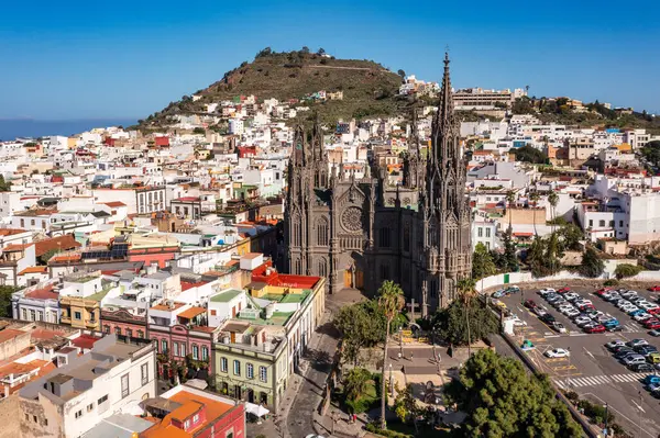 stock image Aerial view of the Parroquia de San Juan Bautista de Arucas church in Arucas town, Gran Canaria, Canary Islands, Spain. Historic Neo-Gothic cathedral in Arucas. 