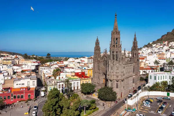 stock image Aerial view of the Parroquia de San Juan Bautista de Arucas church in Arucas town, Gran Canaria, Canary Islands, Spain. Historic Neo-Gothic cathedral in Arucas. 