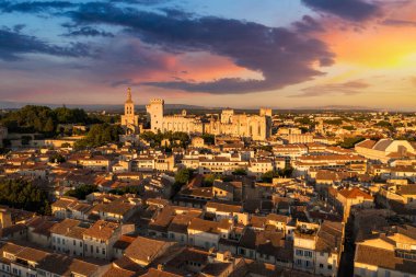 Güney Fransa 'da gün batımında Palais des Papes ile Avignon manzarası. Avignon, Provence, Fransa 'daki Rhone Nehri boyunca ortaçağ mimarisi. Avignon, Güney Fransa 'daki Palais des Papes..