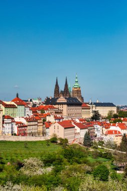 Yazın güneşli bir günde tarihi şato ve canlı çatıların yer aldığı Prag 'ın panoramik manzarası. Prag, Çek Cumhuriyeti manzarası, şehrin ikonik mimarisini ve kırmızı kiremitli çatılarını gözler önüne seriyor.