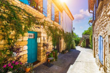 Venasque 'da güneş taşı ve canlı çiçeklerle dolu büyüleyici dar bir cadde, Provence, Fransa. Venasque 'nin pitoresk köyünde dar bir sokakta canlı çiçeklerle süslenmiş taş binalar var..
