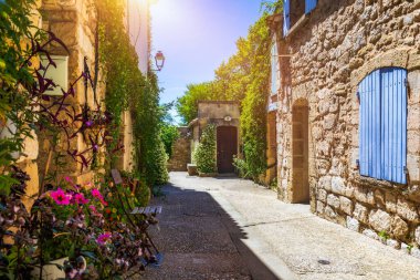 Venasque 'da güneş taşı ve canlı çiçeklerle dolu büyüleyici dar bir cadde, Provence, Fransa. Venasque 'nin pitoresk köyünde dar bir sokakta canlı çiçeklerle süslenmiş taş binalar var..