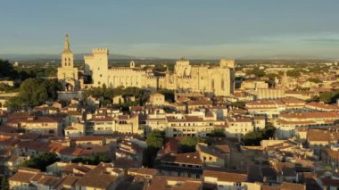 Güney Fransa 'da gün batımında Palais des Papes ile Avignon manzarası. Avignon, Provence, Fransa 'daki Rhone Nehri boyunca ortaçağ mimarisi. Avignon, Güney Fransa 'daki Palais des Papes..