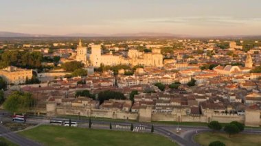 Güney Fransa 'da gün batımında Palais des Papes ile Avignon manzarası. Avignon, Provence, Fransa 'daki Rhone Nehri boyunca ortaçağ mimarisi. Avignon, Güney Fransa 'daki Palais des Papes..