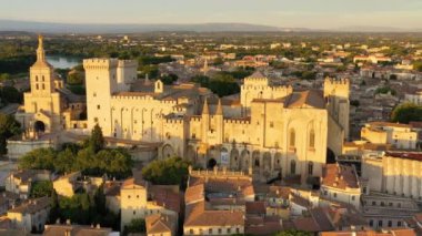 Güney Fransa 'da gün batımında Palais des Papes ile Avignon manzarası. Avignon, Provence, Fransa 'daki Rhone Nehri boyunca ortaçağ mimarisi. Avignon, Güney Fransa 'daki Palais des Papes..