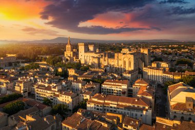 Güney Fransa 'da gün batımında Palais des Papes ile Avignon manzarası. Avignon, Provence, Fransa 'daki Rhone Nehri boyunca ortaçağ mimarisi. Avignon, Güney Fransa 'daki Palais des Papes..