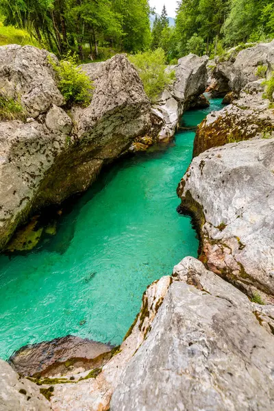 Amazing Soca river gorge in Slovenian Alps. Great Soca Gorge (Velika korita Soce), Triglav National park, Slovenia. Great canyon of Soca river, Bovec, Slovenia. Soca Gorge in Triglav National Park.