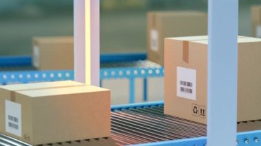 Taşıyıcı banttaki karton kutular barkod tarafından taranıyor, dağıtım için paketleri ayırmak için RFID okuyucuları. Döngü. 3 Boyutlu Hazırlama.