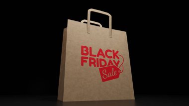 Kara Cuma, Kahverengi Kağıt Torba 'da promosyon metni satıyor. Kara Arkaplan. 3 Boyutlu Hazırlama.