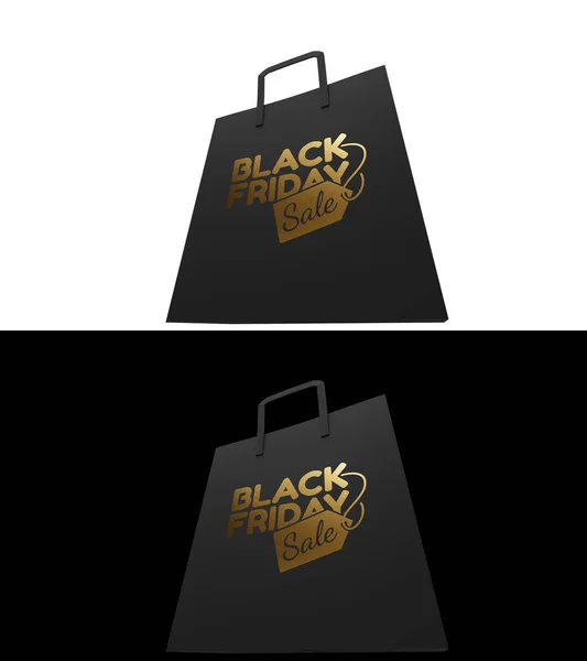 Złoty Black Friday Sprzedaż Tekst Promocyjny Czarnej Torbie Papierowej Renderowanie — Zdjęcie stockowe