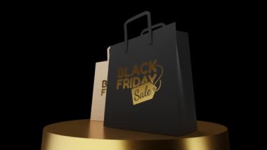 Siyah ve Kahverengi Kâğıt Torbalar Altın Podyum Döngüsü videosunda dönüyor. Golden Black Friday, Bags 'ın promosyon metnini satıyor. Yeşil Ekran Arkaplanı. 3 Boyutlu Hazırlama.