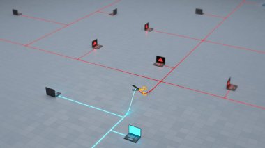 Makasla kesilen bir ağa bağlı bilgisayarlar ya da işyerleri. Isome Manzarası. 3 Boyutlu Hazırlama.