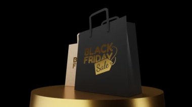 Siyah ve Kahverengi Kağıt Çanta Altın Podyum 'da dönüyor. Golden Black Friday, Bags 'ın promosyon metnini satıyor. Yeşil Ekran Arkaplanı. 3 Boyutlu Hazırlama.