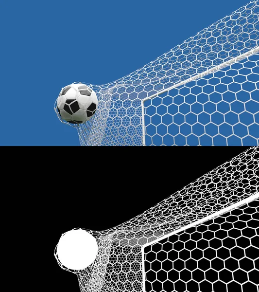 Goal. Soccer Ball or Football on net. 3D Render.