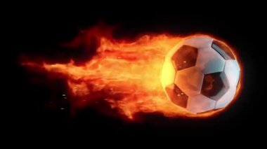 Canlandırılmış ateş topu. Blazing Soccer Ball ya da Football havada parlak alev kuyruklu eksen üzerinde dönüyor. Karanlık arka plan. 3 Boyutlu Hazırlama.