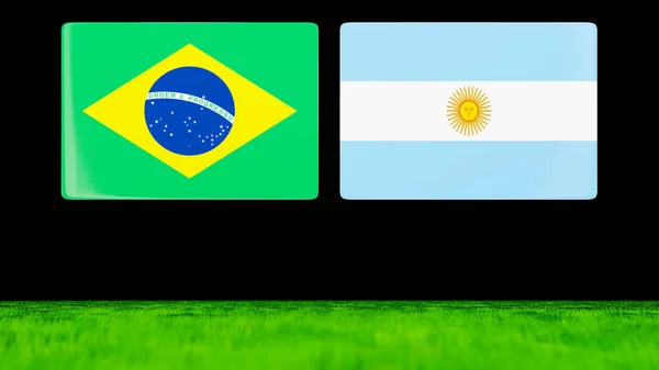 Brezilya Arjantin Ulusal Bayrakları Yeşil Bir Alanda Yüzen Parlak Kartlar — Stok fotoğraf