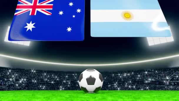 澳大利亚和阿根廷的国旗从上至下展开 聚光灯下的体育场绿地上的足球或足球 挤满了闪烁着灯光的摄像机 — 图库视频影像