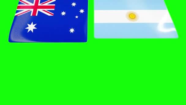 Banderas Nacionales Australia Argentina Abren Desde Arriba Pantalla Verde — Vídeo de stock