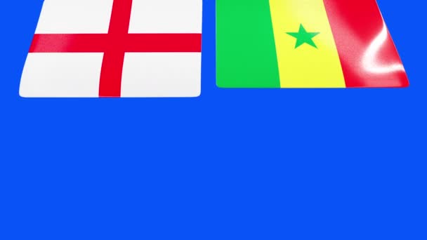 Banderas Nacionales Inglaterra Senegal Abren Desde Arriba Pantalla Azul — Vídeos de Stock