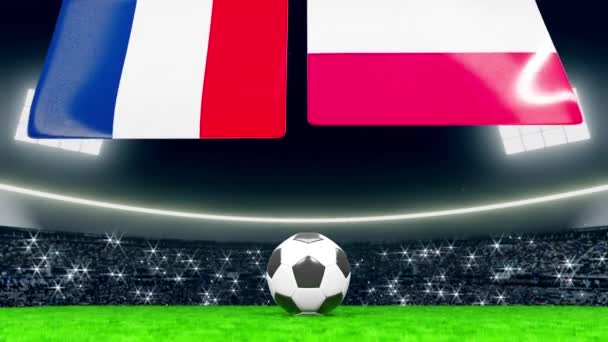 フランスとポーランドの国旗が上から開く スタジアムの緑のフィールドにサッカーやサッカーボール群衆のカメラが点滅でいっぱい — ストック動画