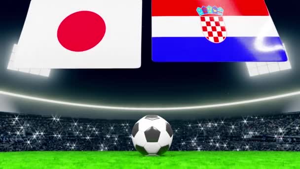 日本とクロアチアの国旗が上から掲揚されます スタジアムの緑のフィールドにサッカーやサッカーボール群衆のカメラが点滅でいっぱい — ストック動画