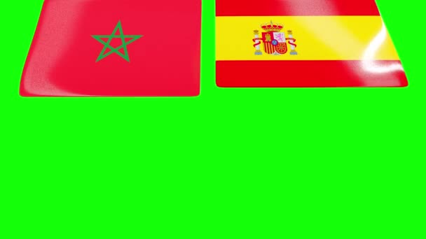 Banderas Nacionales Marruecos España Abren Desde Arriba Pantalla Verde — Vídeo de stock