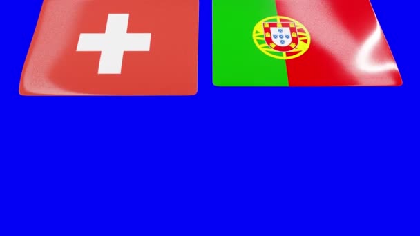 Banderas Nacionales Suiza Portugal Abren Desde Arriba Pantalla Azul — Vídeos de Stock