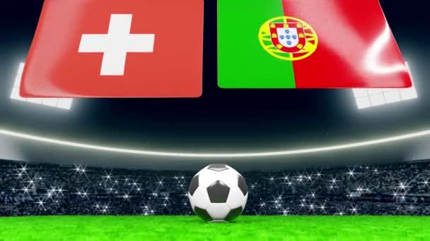スイスとポルトガルの国旗が上から掲揚される スタジアムの緑のフィールドにサッカーやサッカーボール群衆のカメラが点滅でいっぱい — ストック動画
