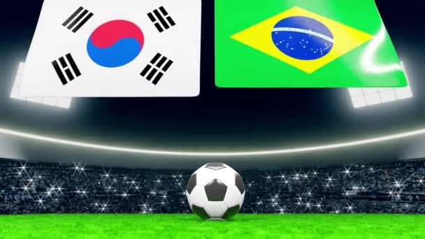 Národní Vlajky Koreje Brazílie Otevírají Shora Fotbal Nebo Fotbalový Míček — Stock video