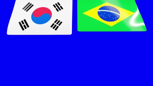 韩国和巴西的国旗从上至下展开 蓝色屏风 — 图库视频影像