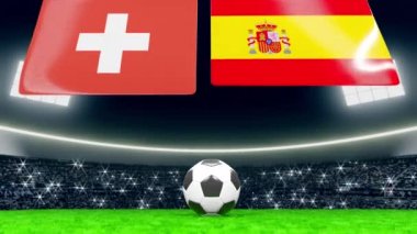 İsviçre ve İspanya 'nın ulusal bayrakları tepeden açılıyor. Seyircilerle dolu yeşil bir stadyumdaki futbol ya da futbol topu.. 