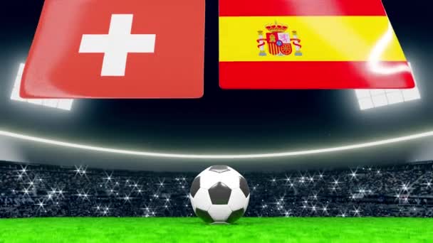 スイスとスペインの国旗が上から開く スタジアムの緑のフィールドにサッカーやサッカーボール群衆のカメラが点滅でいっぱい — ストック動画