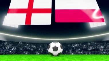 İngiltere ve Polonya 'nın ulusal bayrakları tepeden açılıyor. Seyircilerle dolu yeşil bir stadyumdaki futbol ya da futbol topu.. 