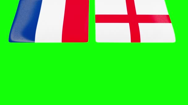 Národní Vlajky Anglie Francie Otevírají Shora Zelená Obrazovka — Stock video