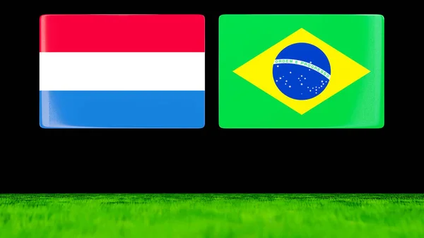 緑のフィールドに浮かんで光沢のあるカードとしてオランダやオランダやブラジルの国旗 3Dレンダリング — ストック写真