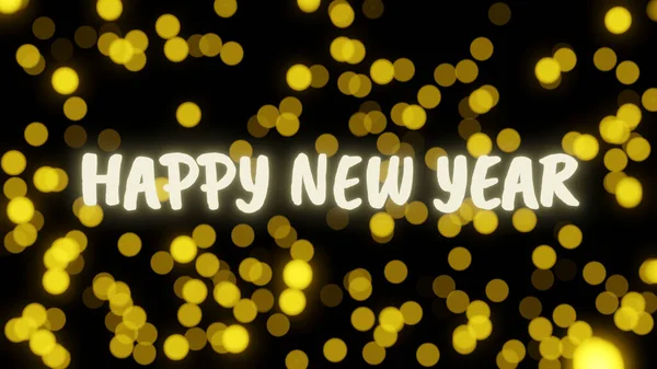 Glowing Happy New Year text in front of de-focused bokeh lights or glowing golden particles or fizz bubbles. Happy New Year Card.